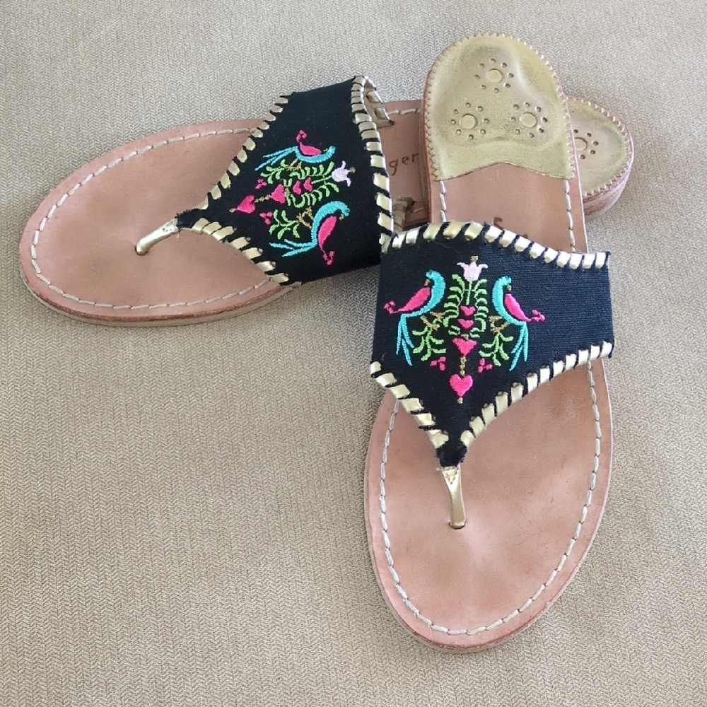 Jack Rogers Black and Gold Embroidered Sandals